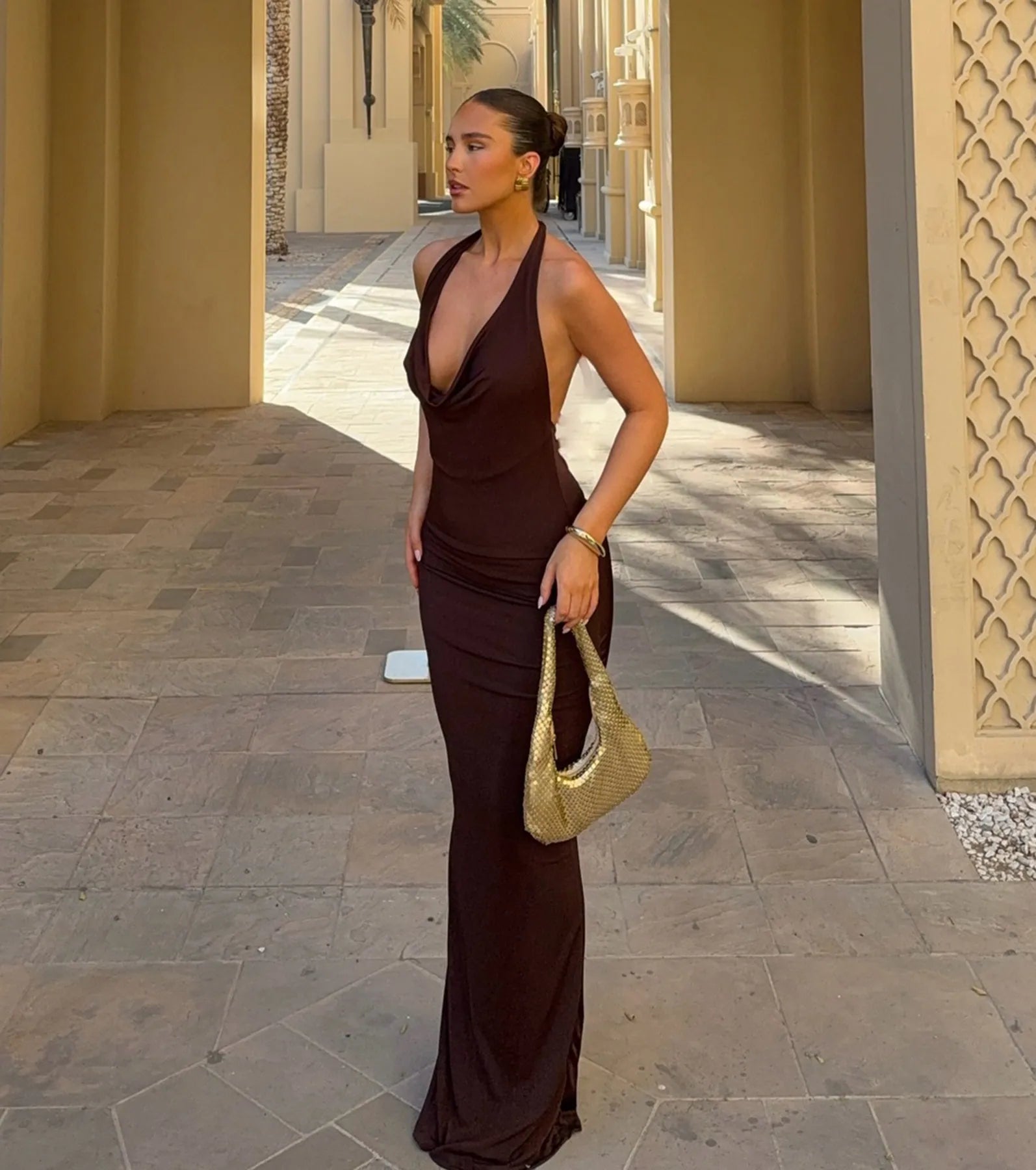 Serve Sultry Vibes Halter Cowl Neck Maxi Dress