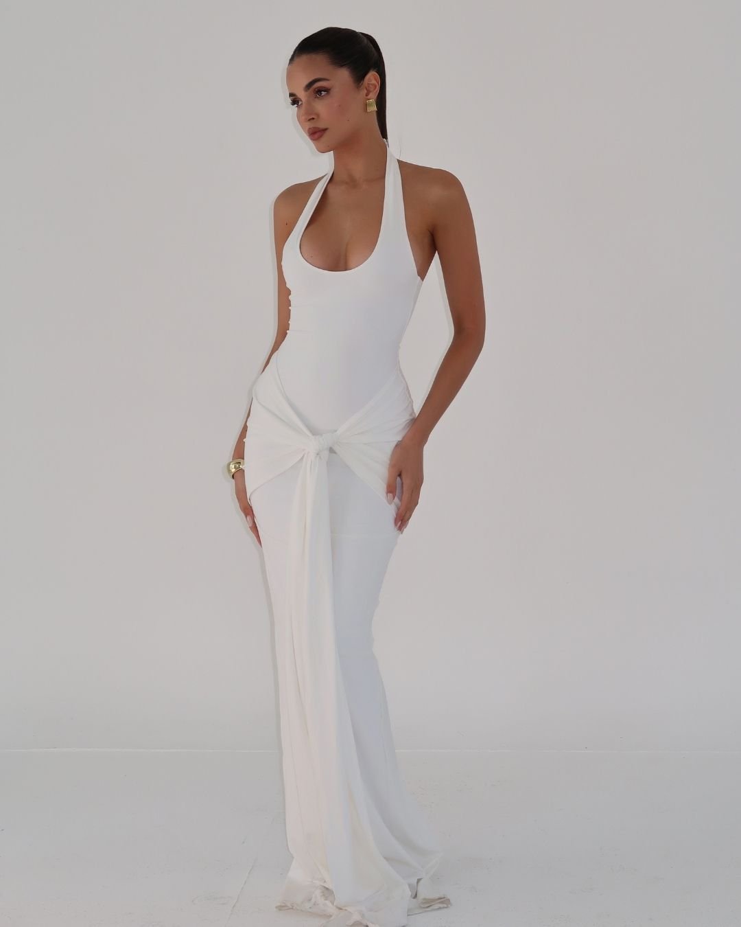 White sculpting jersey sarong maxi dress