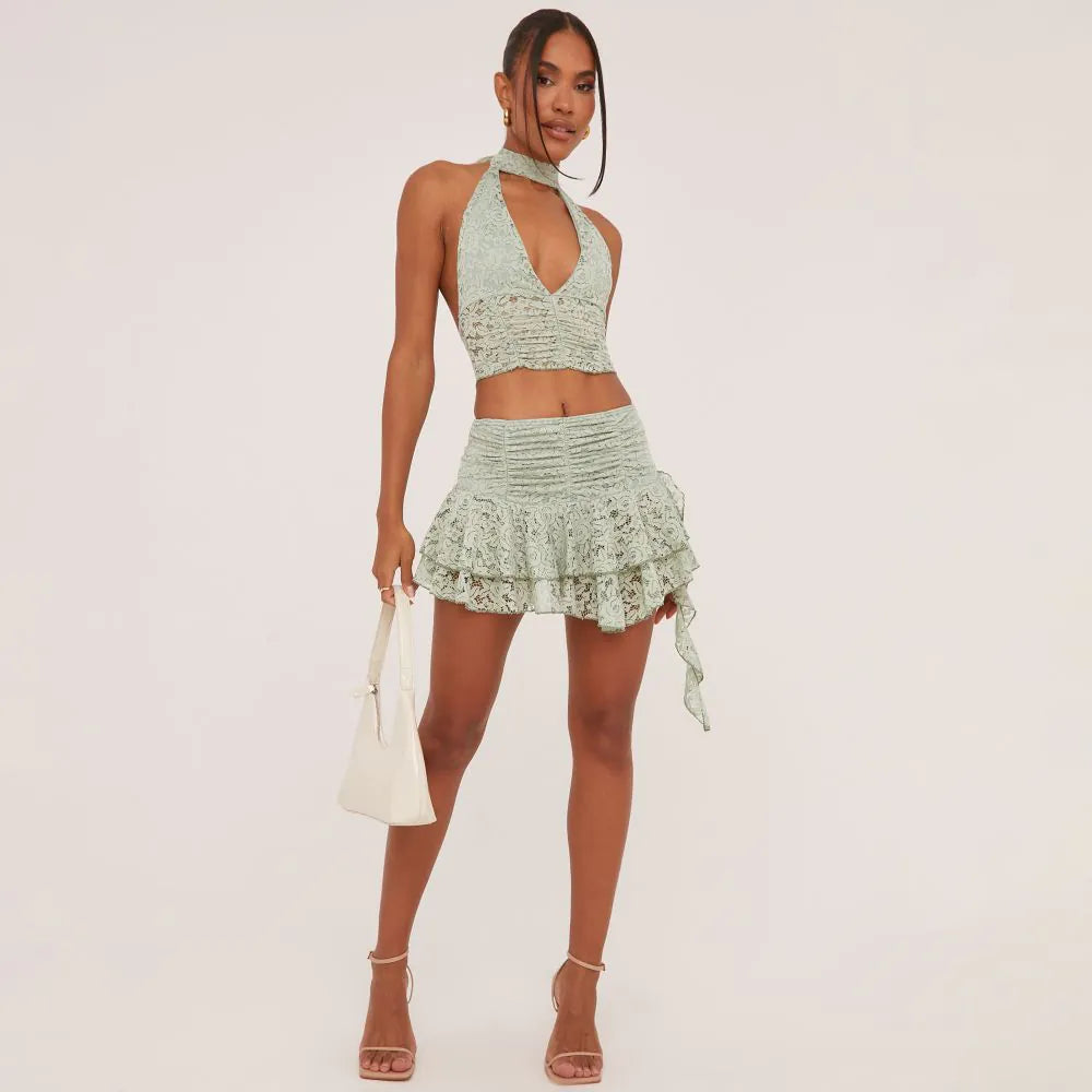 Low Rise Flippy Hem Mini Dress Set In Sage Green Lace