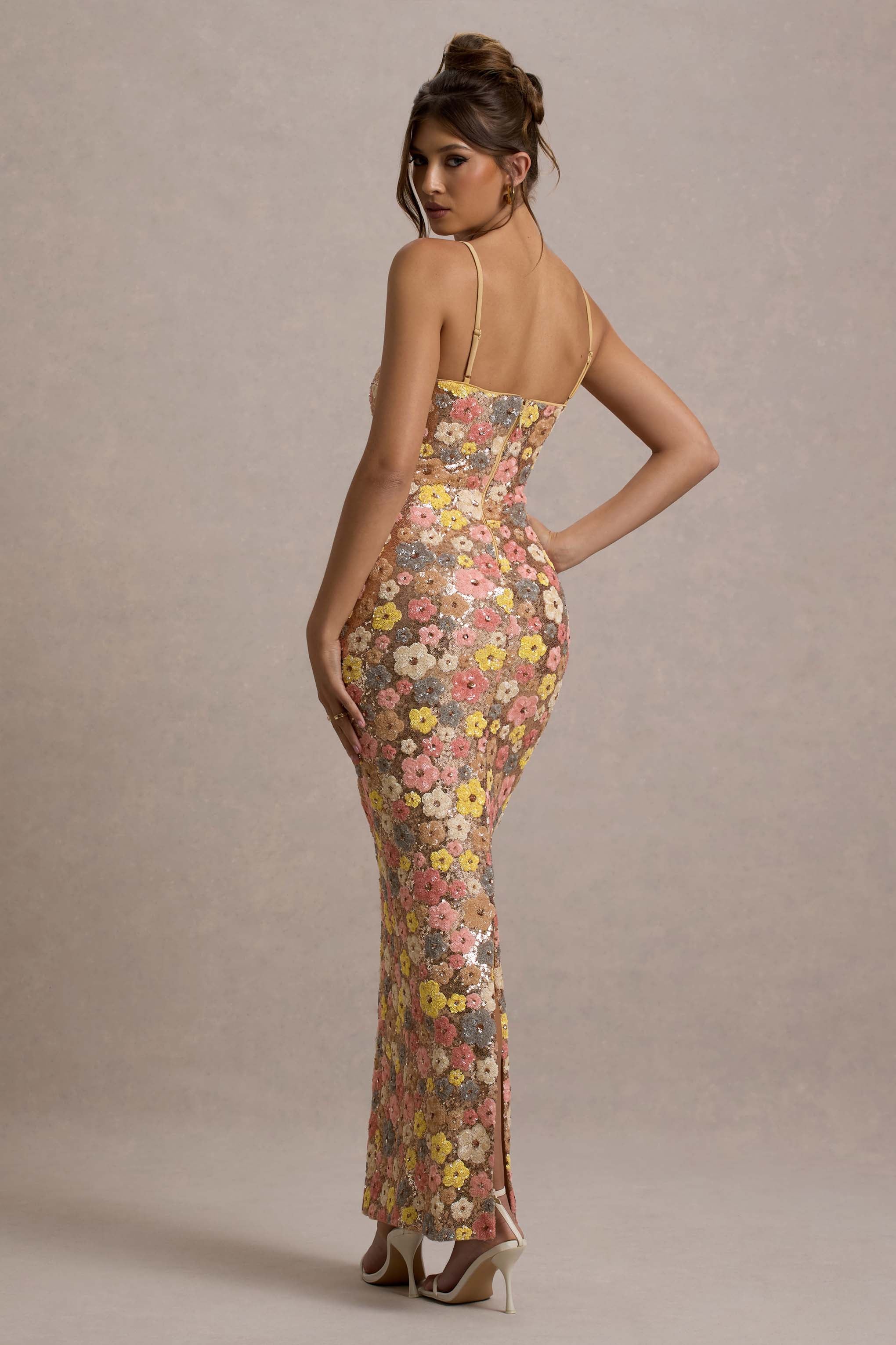 Vitora | Floral Print Sequin Square-Neck Maxi Dress