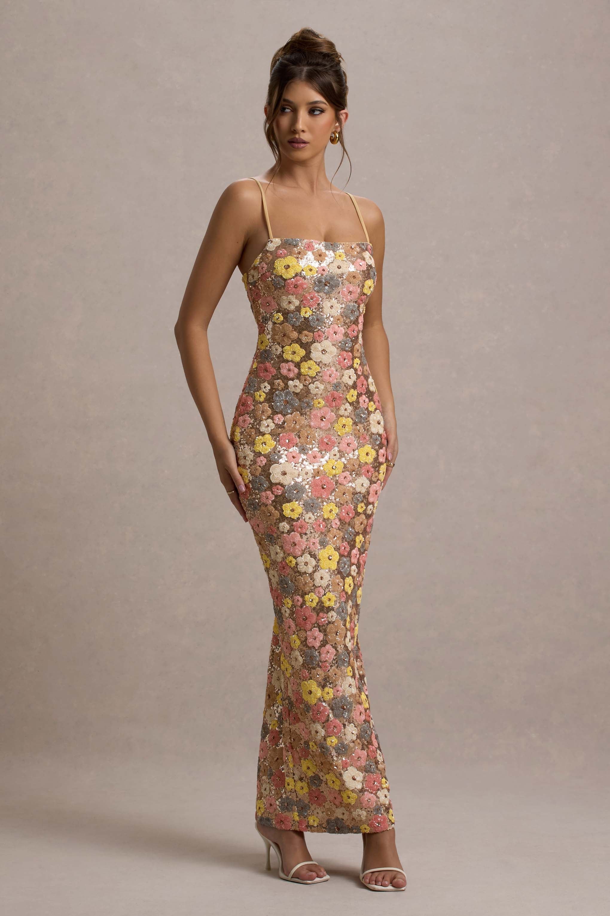 Vitora | Floral Print Sequin Square-Neck Maxi Dress