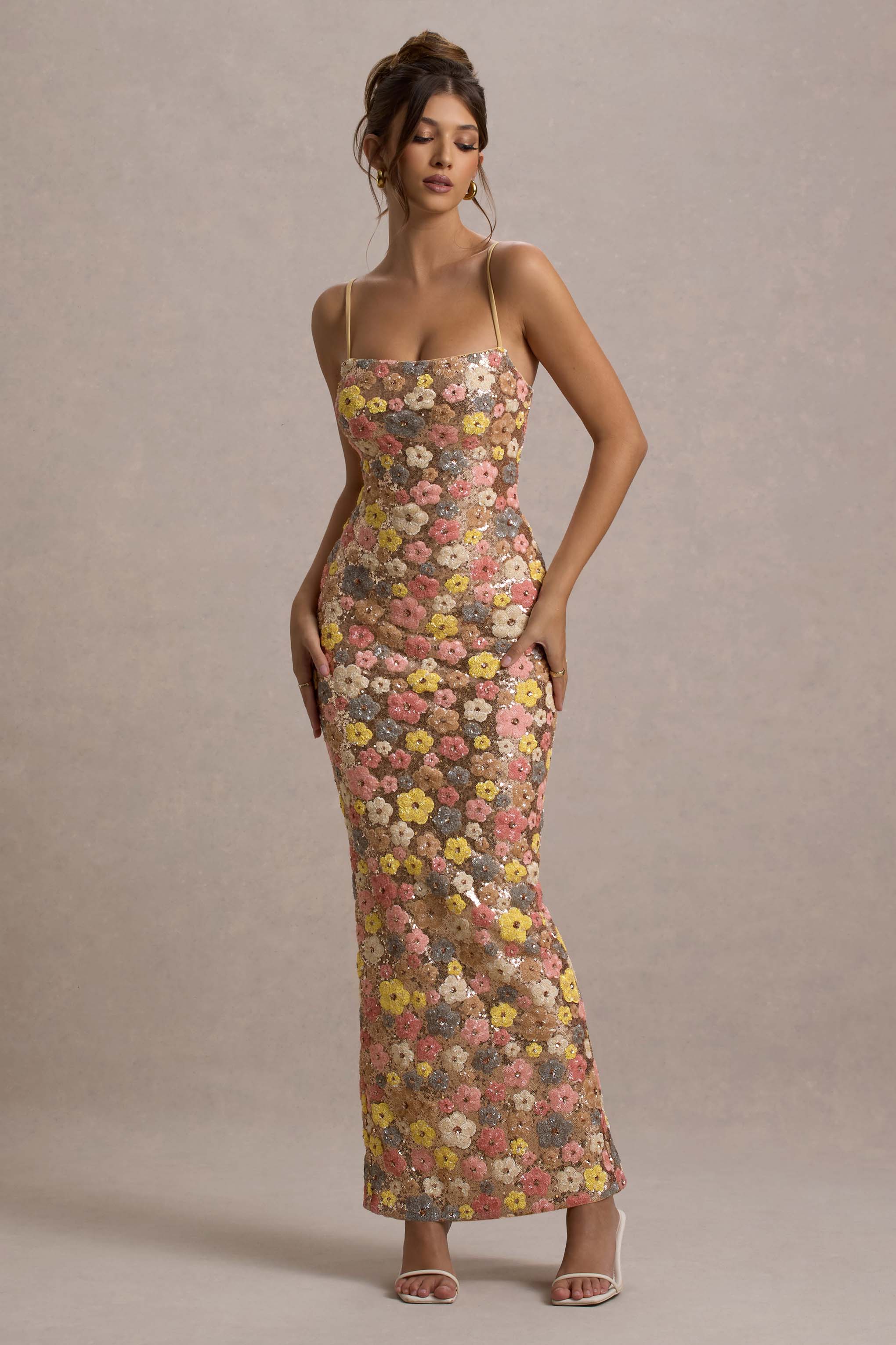 Vitora | Floral Print Sequin Square-Neck Maxi Dress