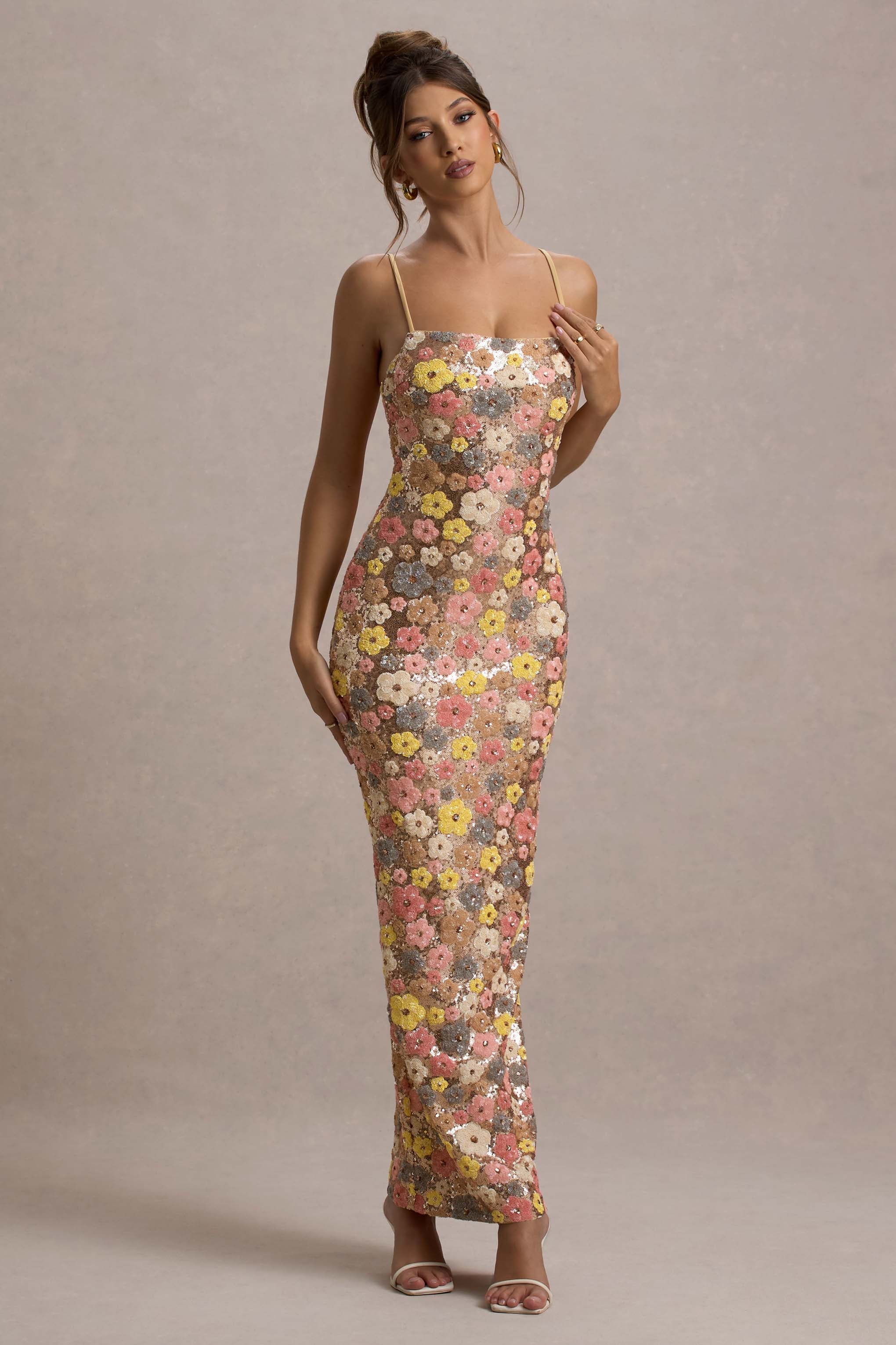 Vitora | Floral Print Sequin Square-Neck Maxi Dress