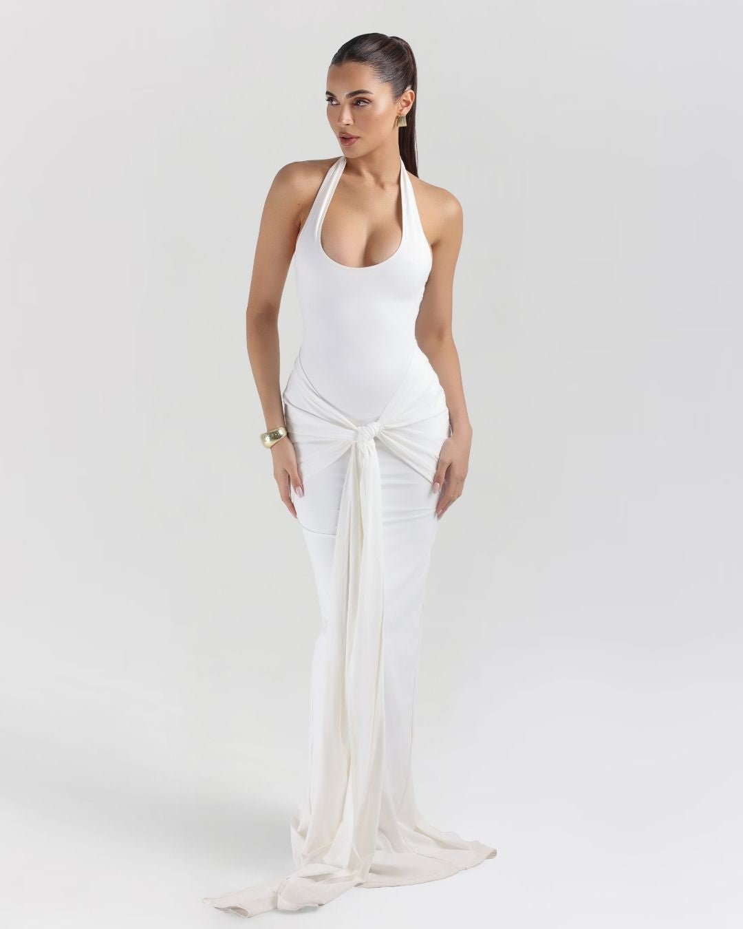 White sculpting jersey sarong maxi dress