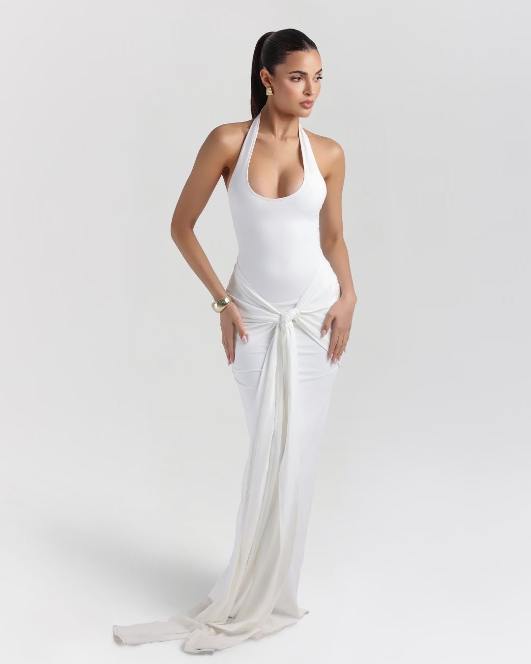 White sculpting jersey sarong maxi dress